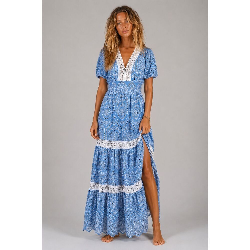 NWOT Tahari Blue White Eyelet Embroidered Cotton Maxi Dress Luxury Boho Flutter